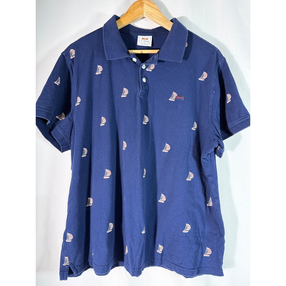 Le Tigre Mens XL Navy Blue‎ Nautical Sailboat American Flag Polo Shirt Cotton